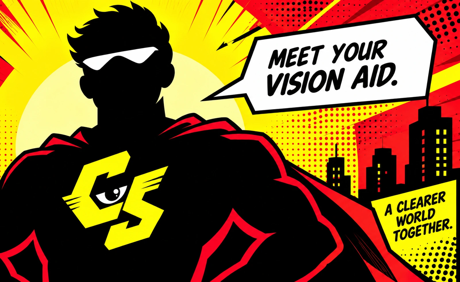 Captain SuperSight in silhouette, with a white visor and yellow chest emblem. Meet your vision aid. A clearer world together.